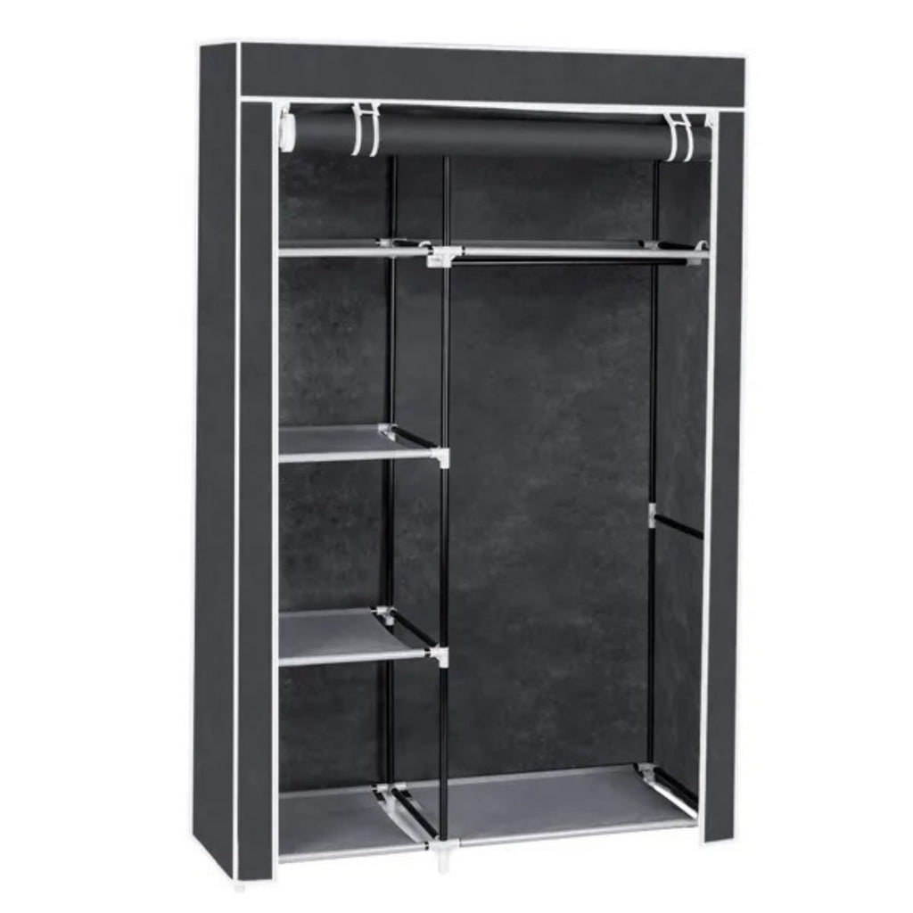 Gray 64-inch portable closet organizer with the front cover open
