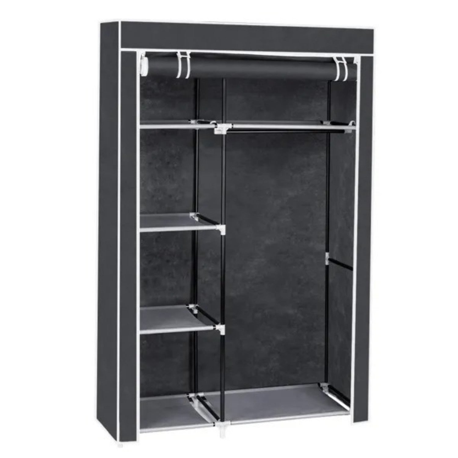 Gray 64-inch portable closet organizer with the front cover open