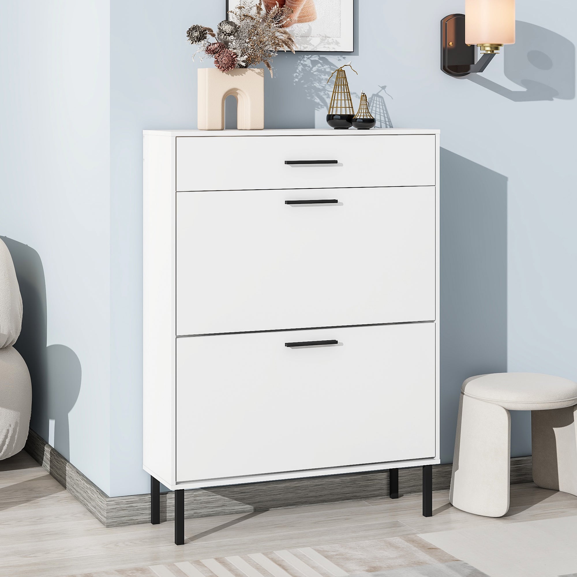 White shoe cabinet with both flip drawers closed in an entryway