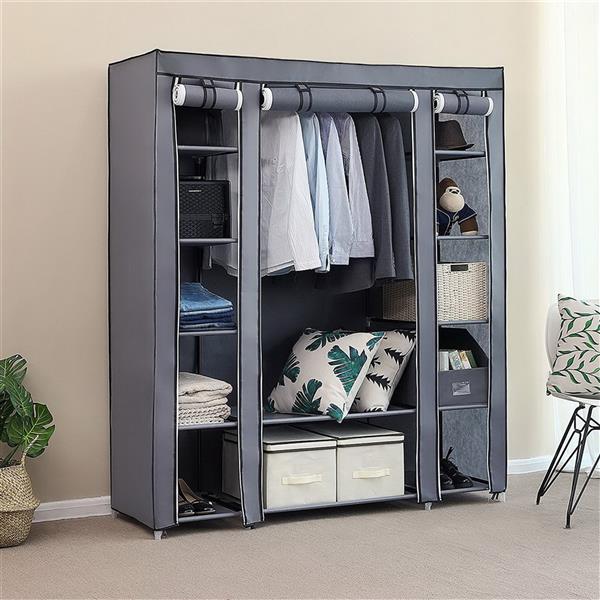 Gray non-woven wardrobe organized with clothing and storage bins