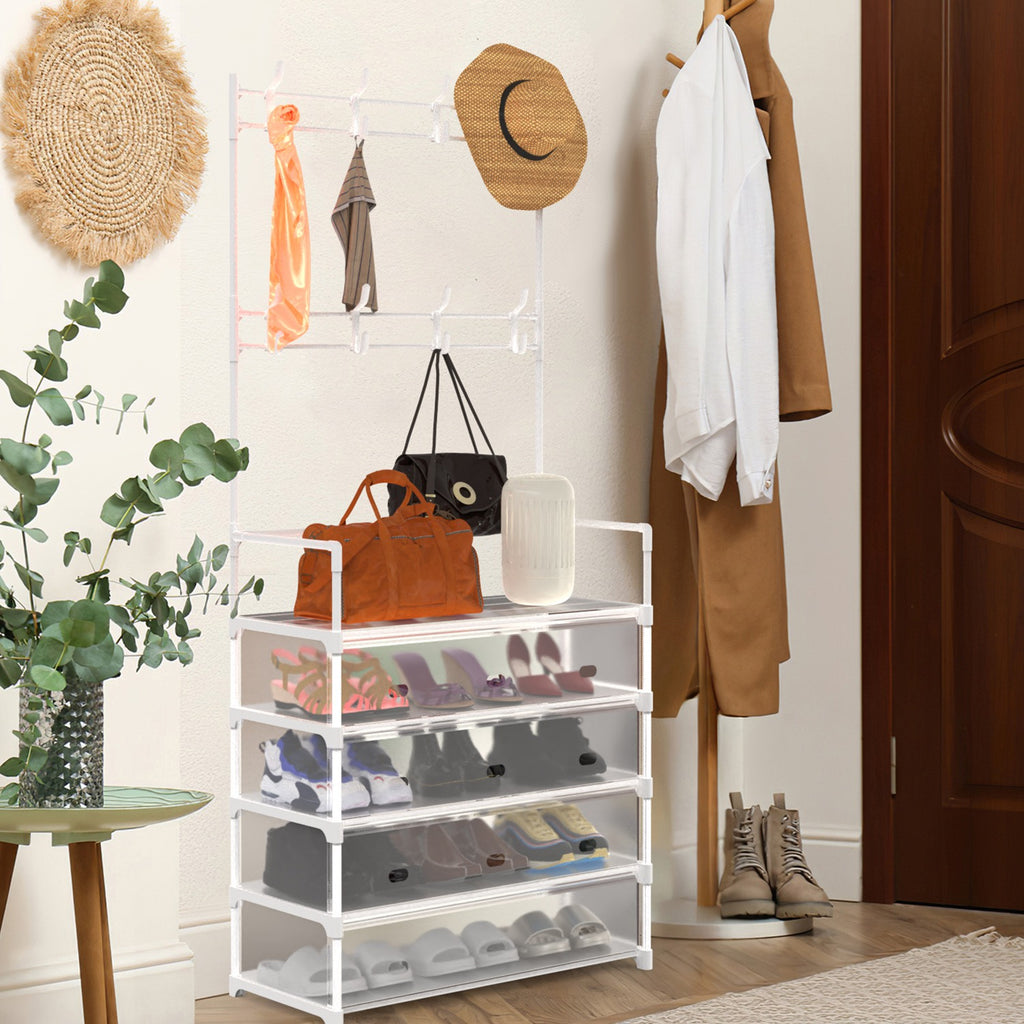 White 5-tier entryway garment and shoe rack — lifestyle front secondary.