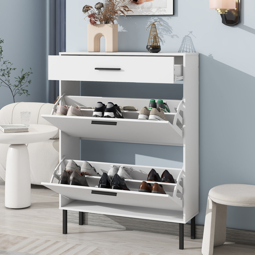 White shoe cabinet with the top drawer and both shoe compartments open
