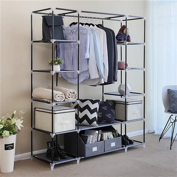 Gray wardrobe frame with hanging clothes and storage compartments