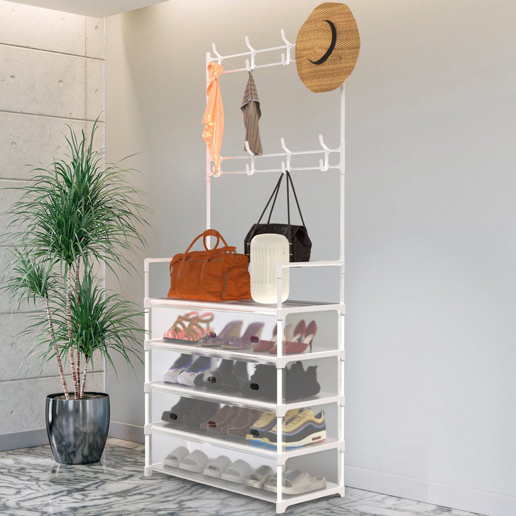 White 5-tier entryway garment and shoe rack — lifestyle angle secondary.