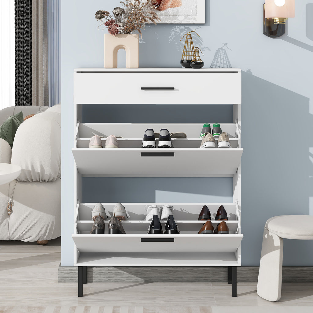 Front view of the white shoe cabinet with both flip drawers open