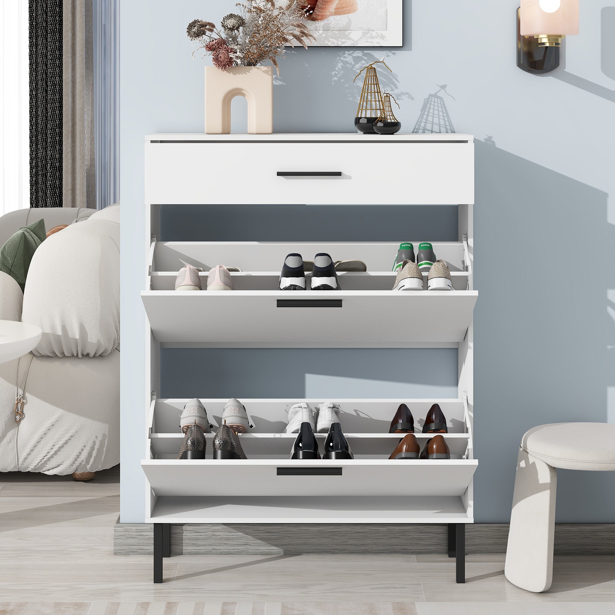 Front view of the white shoe cabinet with both flip drawers open