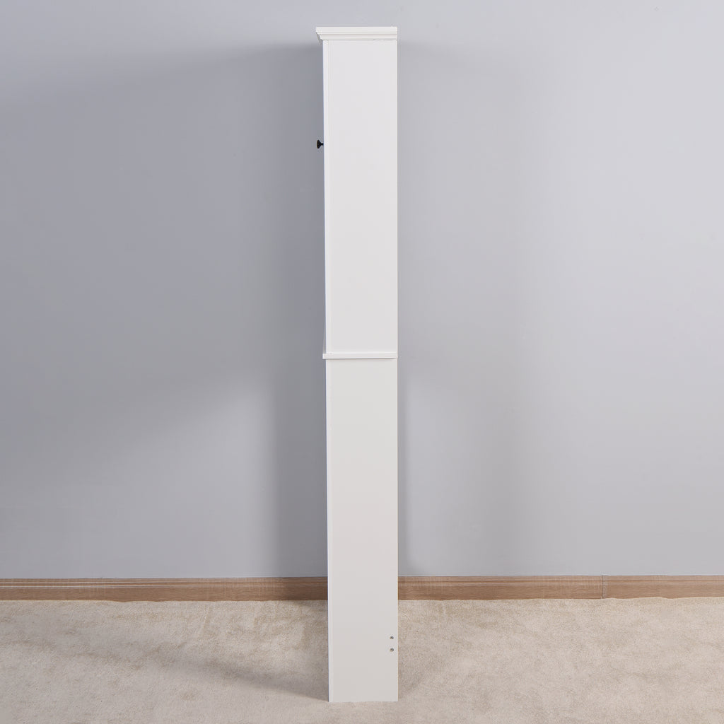 Side view of the white over-toilet storage cabinet