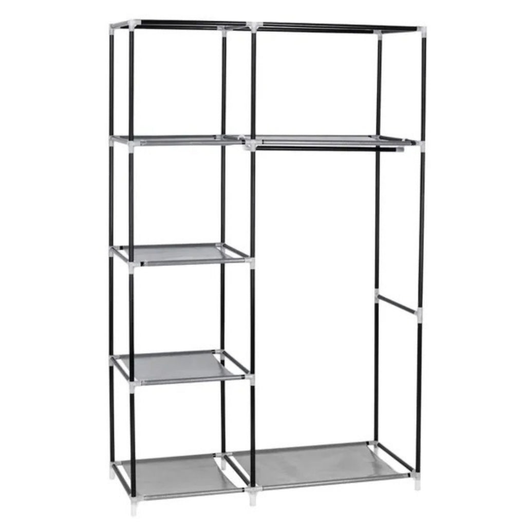 Portable closet organizer frame with shelves and hanging rod