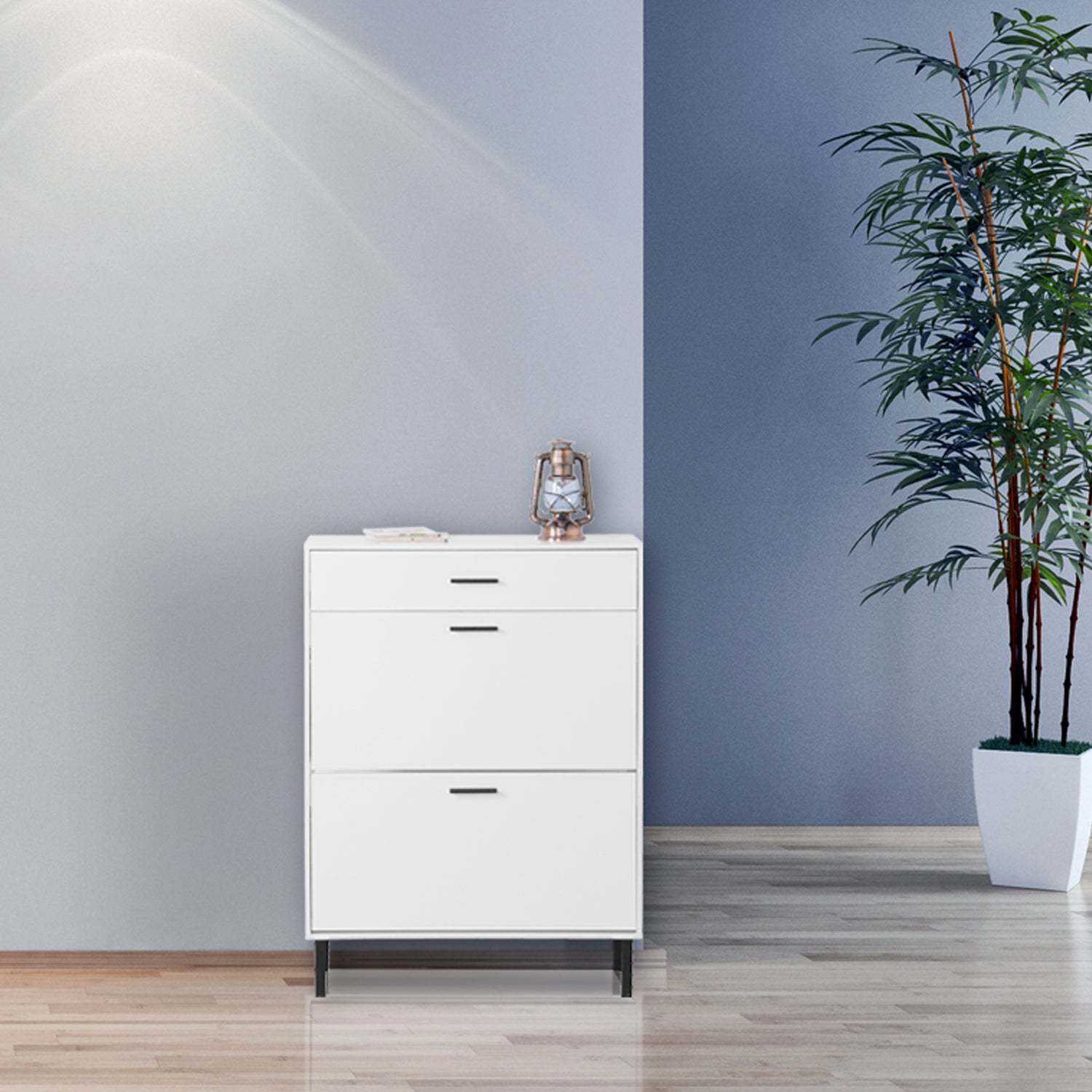 White freestanding shoe cabinet shown in a room setting