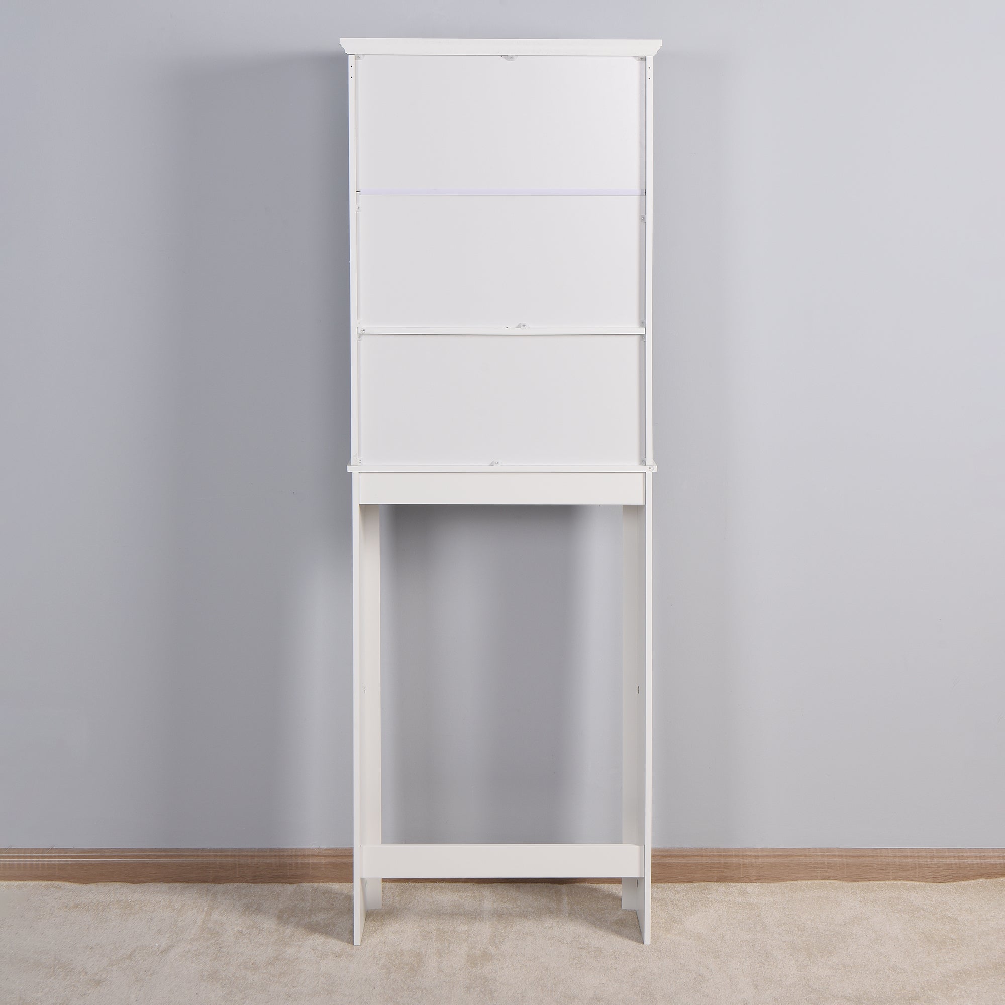 Rear view of the white over-toilet storage cabinet