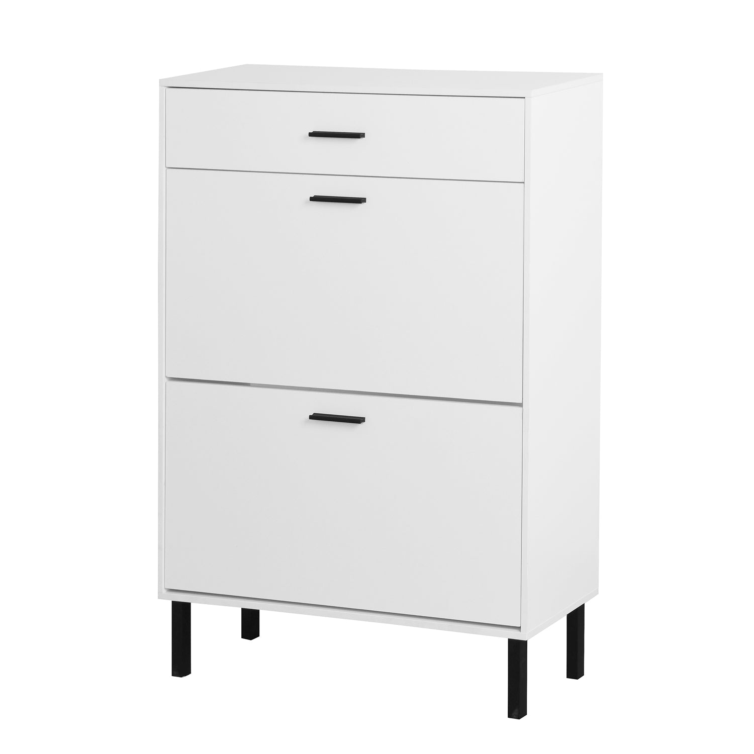 White freestanding shoe cabinet with two flip drawers on a white background