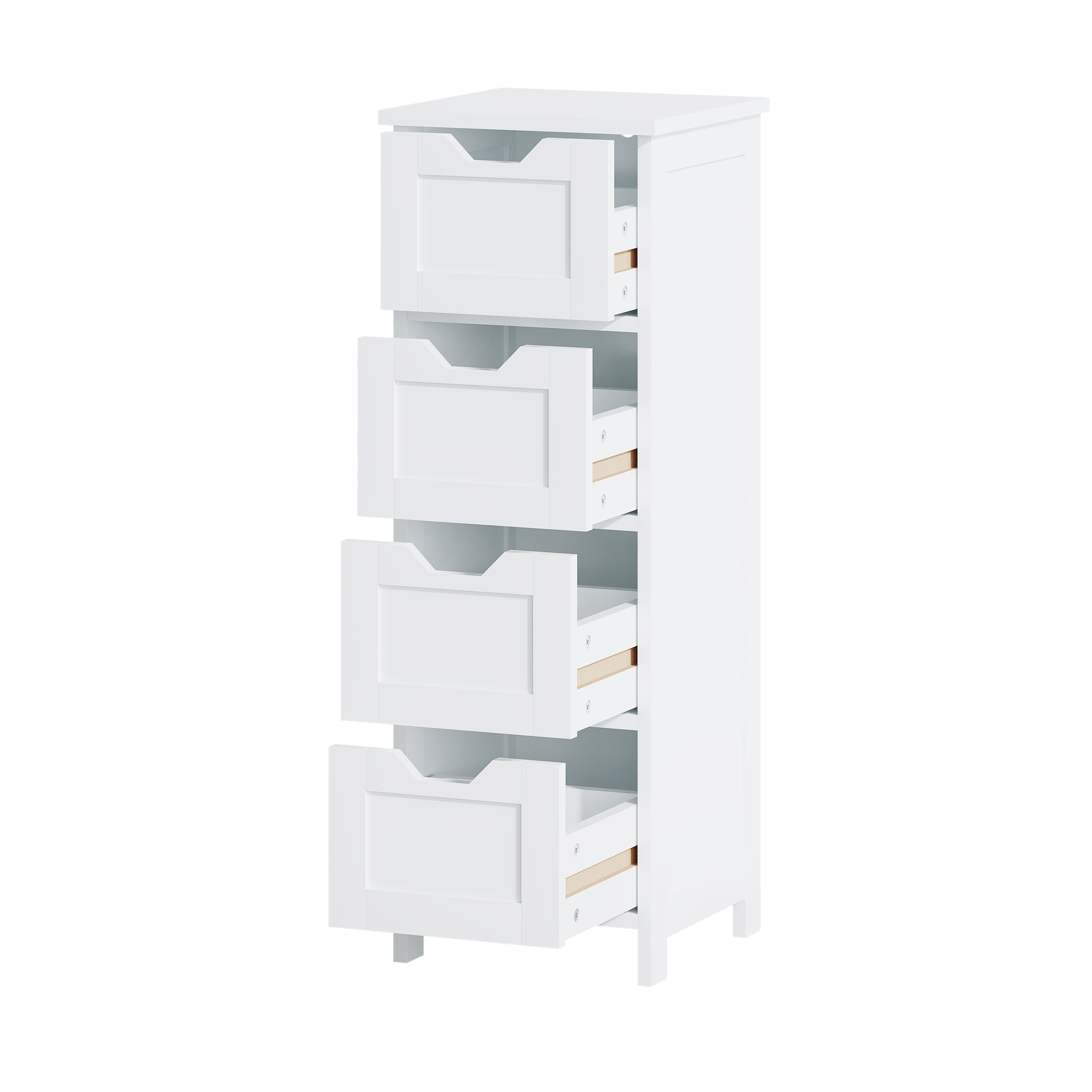 Distinct clean white-background alternate three-quarter view, drawers open.