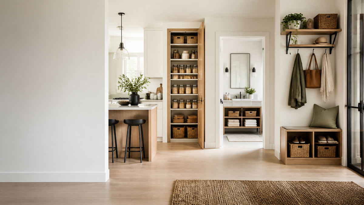 Warm neutral home organization scene